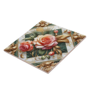 Azulejo De Cerâmica Design Floral Elegante Rosa com Acentos Dourados