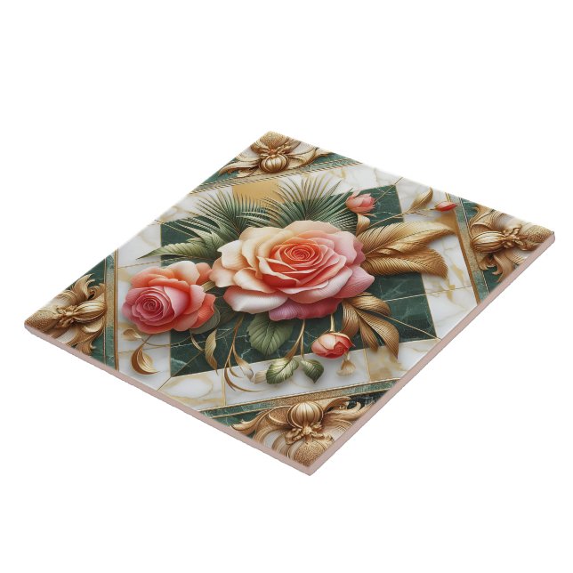 Azulejo De Cerâmica Design Floral Elegante Rosa com Acentos Dourados (Lateral)
