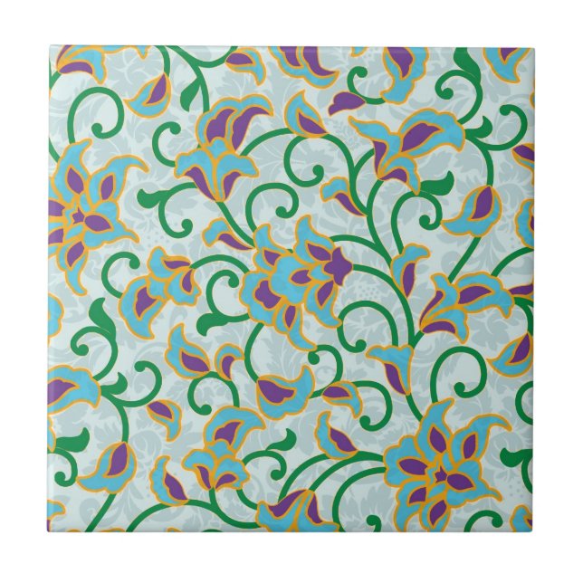 Azulejo De Cerâmica Design Floral Verde Azul E Roxo (Frente)