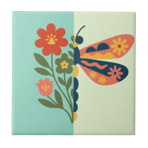 Azulejo De Cerâmica Design gráfico de flor e borboleta colorido