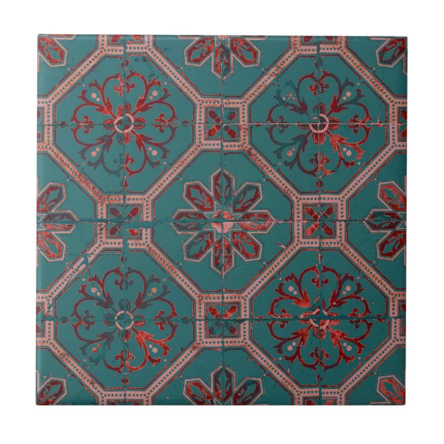 Azulejo De Cerâmica Design Rich Turquoise Vintage Restaurado (Frente)