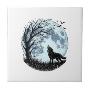 Azulejo De Cerâmica Design Silhueta da Árvore da Lua Uivando Lobo Vint