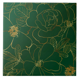 Azulejo De Cerâmica Design Verde de Desenho Floral dos Rosas Dourados 