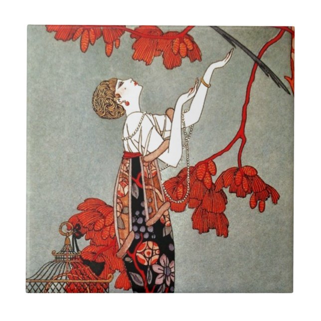 Azulejo De Cerâmica Design vermelho da senhora art deco (Frente)