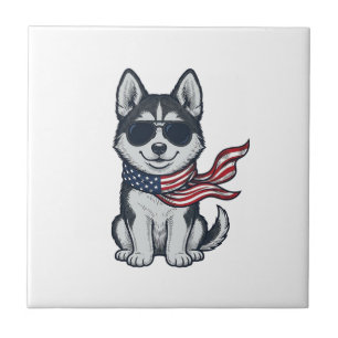 Azulejo De Cerâmica Design Vetorial de Cachorro Husky Patriótico Vinta