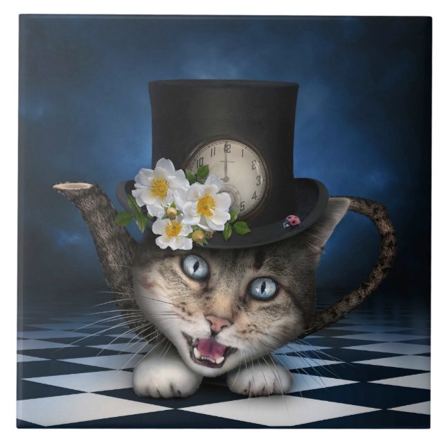 Azulejo De Cerâmica Design Whimsical Teapot Gato Mad Hatter (Frente)