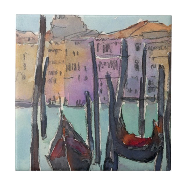 Azulejo De Cerâmica Destinos | Duas Gondolas no Sketch de Veneza (Frente)