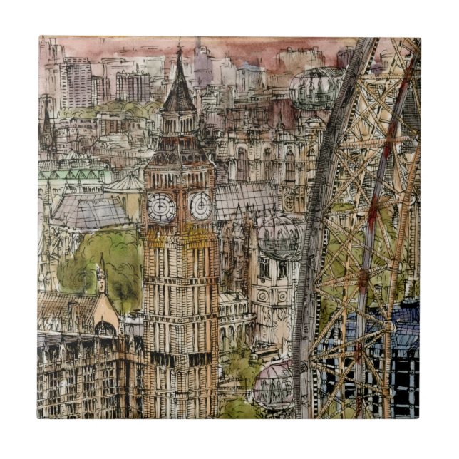 Azulejo De Cerâmica Destinos | Watercolor Big Ben & London Eye (Frente)