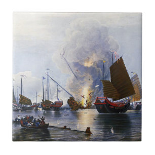 Azulejo De Cerâmica Destruindo Junks de Guerra Chineses 1843