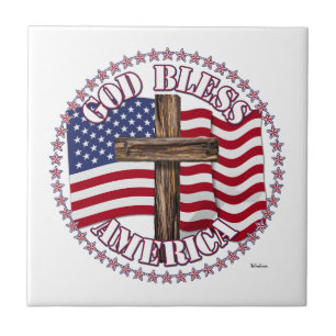 Azulejo De Cerâmica Deus Abençoe a América e Cruz com Bandeira dos EUA