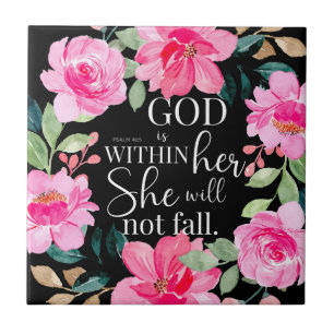 Azulejo De Cerâmica Deus está dentro dela - Psalm 46:5 Pink Floral
