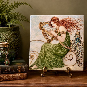 Azulejo De Cerâmica Deusa Irlandesa Tocando Harpa – Arte Nova Céltica