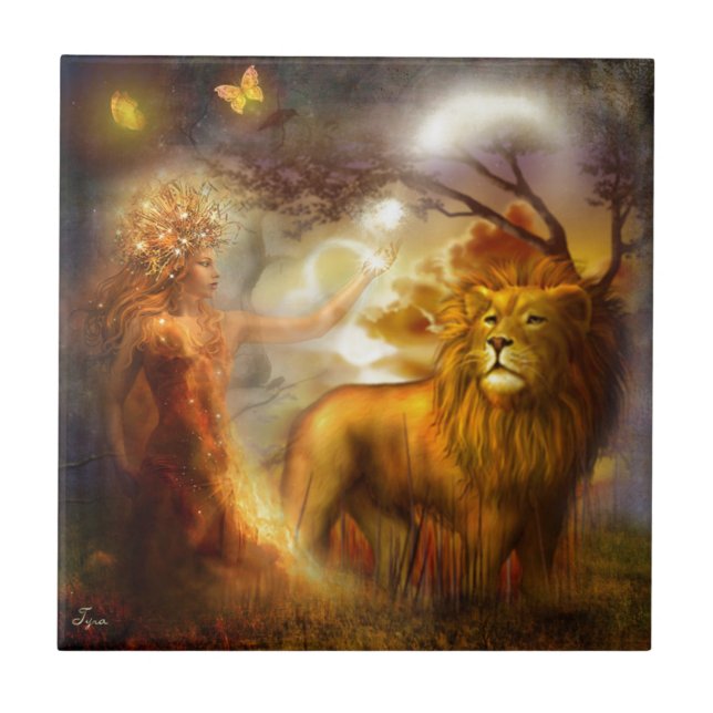 Azulejo De Cerâmica Deusa Noturna e Leão (Frente)