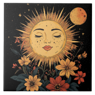 Azulejo De Cerâmica Deusa Sol Celestial com Florais Brilhantes