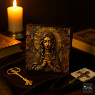Azulejo De Cerâmica Devoção Esculpida Maria de Madeira