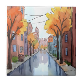 Azulejo De Cerâmica Dia Chuvoso em Boston | Pintura em Aquarela MA Art