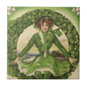 Azulejo De Cerâmica Dia de São Patrício Vintage, Coroa com Garota Irla