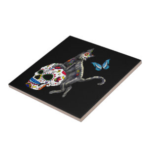 Azulejo De Cerâmica Dia Do Crânio E Borboleta De Açúcar De Gato Morto