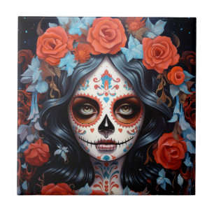 Azulejo De Cerâmica Dia dos Mortos Da Garota Do Crânio Do Açúcar