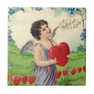 Azulejo De Cerâmica Dia dos Namorados Vintage, Anjo Vitoriano com Cora