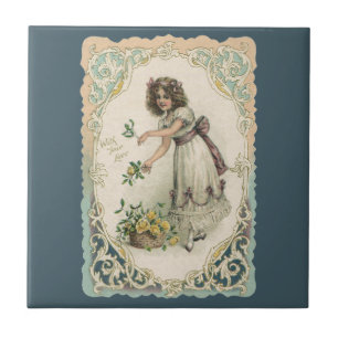 Azulejo De Cerâmica Dia dos Namorados Vintage, Garota Vitoriana com Ro
