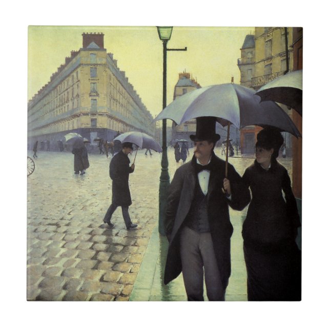 Azulejo De Cerâmica Dia Rainy da Rua Paris por Gustave Caillebotte (Frente)