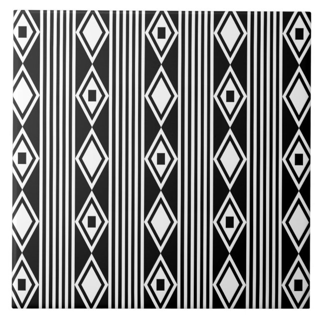 Azulejo De Cerâmica Diamantes Boho Strips Preto Branco (Frente)