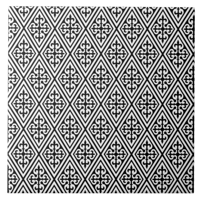 Azulejo De Cerâmica Diamantes de Damasco Medieval, preto e branco (Frente)