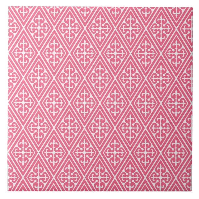 Azulejo De Cerâmica Diamantes do Damasco Medieval, rosa-coral e branco (Frente)
