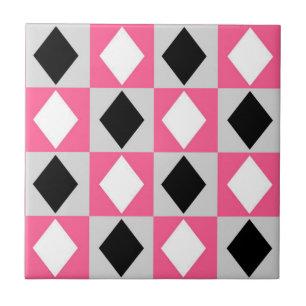 Azulejo De Cerâmica Diamond Geométrico Rhombus, Preto-Rosa,