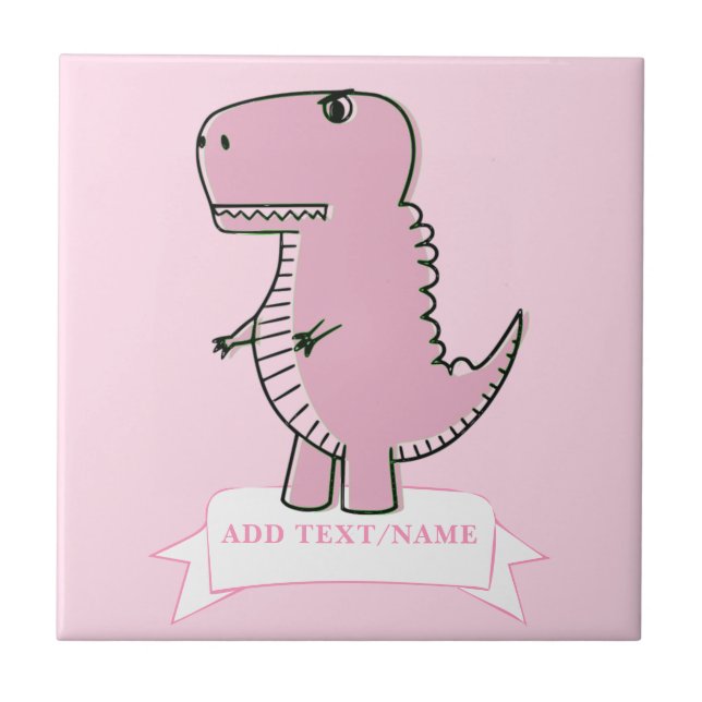 Azulejo De Cerâmica Dinossauro Bebê Rosa Personalizado De Desenho (Frente)