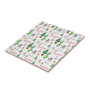 Azulejo De Cerâmica dinossauro de Natal e boneco de neve