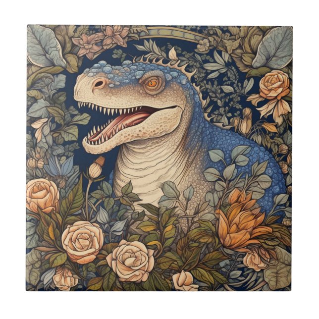 Azulejo De Cerâmica Dinossauro e flores estilo art nouveau (Frente)