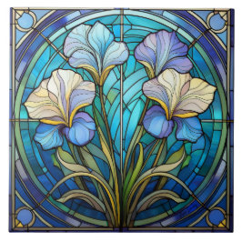 Azulejo De Cerâmica Direita Floral Iris Art Nouveau Blue Verde Retro