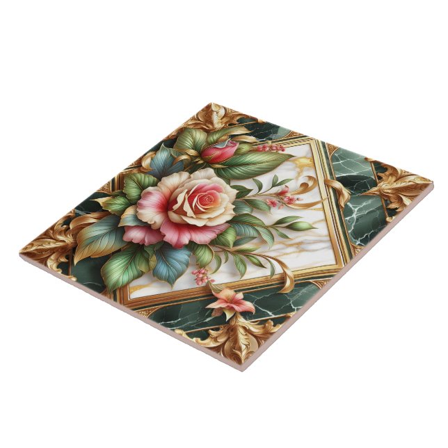 Azulejo De Cerâmica Disposição Floral Elegante com Rosas e Folhas (Lateral)