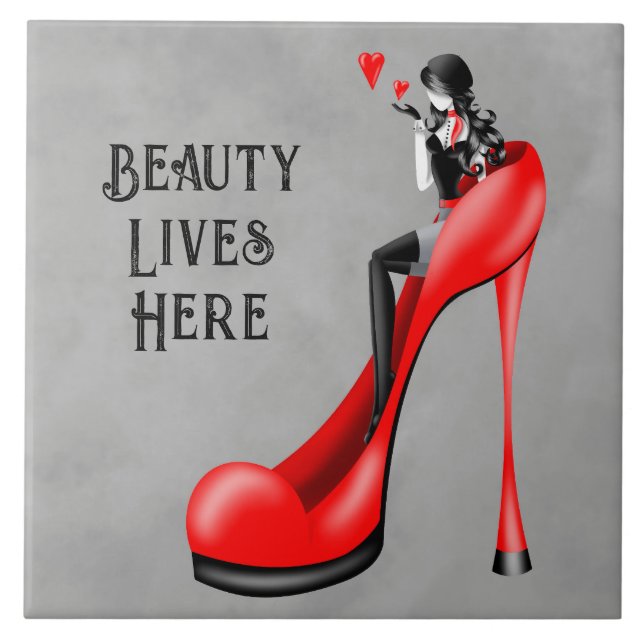Azulejo De Cerâmica Diva da Moda em Stiletto Vermelho (Frente)