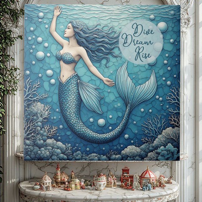 Azulejo De Cerâmica Dive Dream Rise Ocean Mermaid Swimmer Empowerment  (Dive Dream Rise Ocean Mermaid Swimmer Empowerment Ceramic Tile)