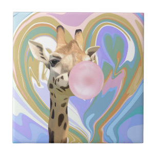 Azulejo De Cerâmica Diversão Bubblegum soprando Girafa Líquida Azul
