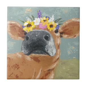 Azulejo De Cerâmica Diversão de Fazenda - Vaca com Coroa de Flor