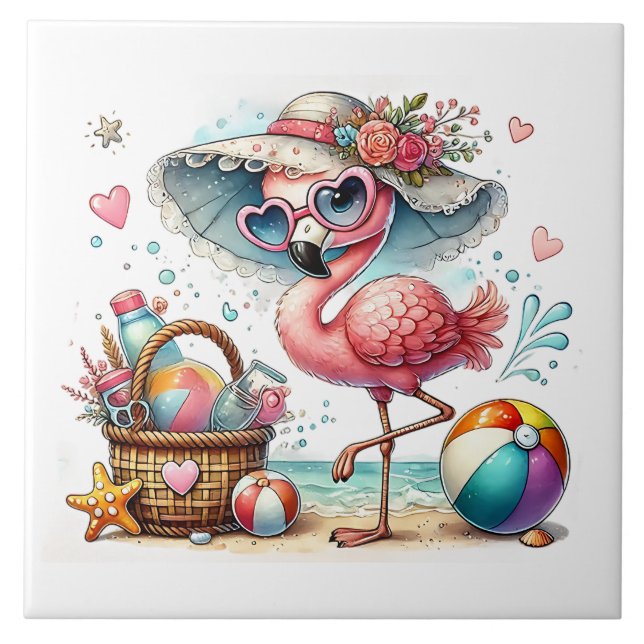 Azulejo De Cerâmica Diversão praia flamingo rosa (Frente)