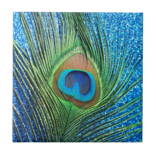 Azulejo De Cerâmica Do pavão da pena vida azul Glittery ainda