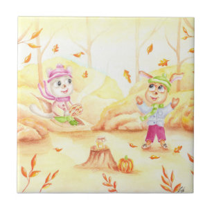 Azulejo De Cerâmica Doce caminhada do outono na floresta