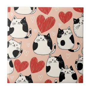 Azulejo De Cerâmica Doce Padrão de Gatos Kawaii Cor-de-Rosa & Corações