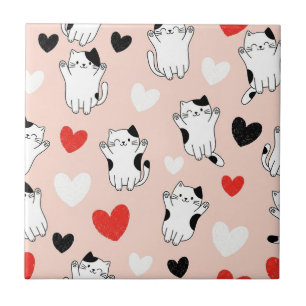Azulejo De Cerâmica Doce Padrão de Gatos Kawaii Rosa & Corações (1)