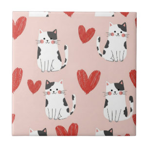 Azulejo De Cerâmica Doce Padrão de Gatos Kawaii Rosa e Corações (2)