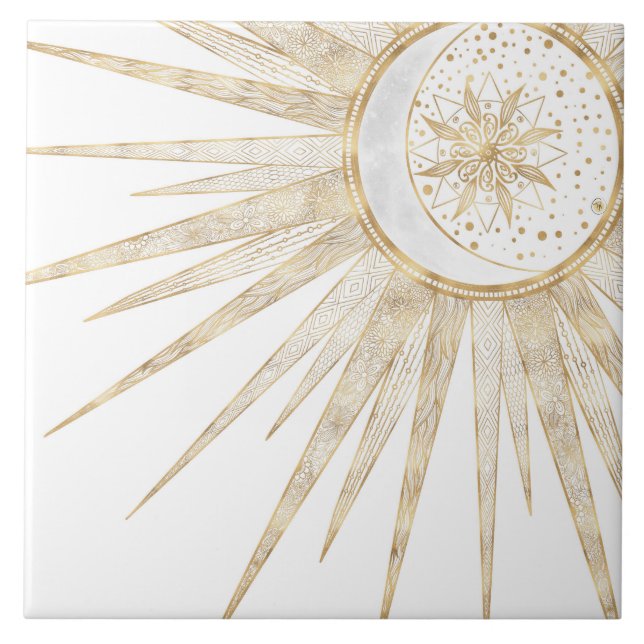 Azulejo De Cerâmica Dodles Dourados Elegantes Sun Moon Mandala Design (Frente)