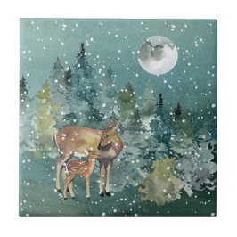 Azulejo De Cerâmica Doe Fawn Deer Forest Fora de Lua Cheia Aquarela