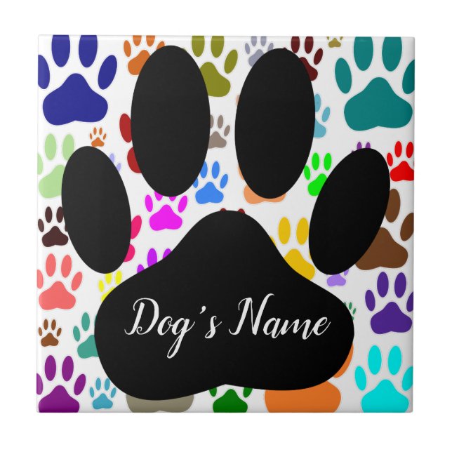 Azulejo De Cerâmica Dog Paw Pattern With Custom Name Ceramic Tile (Frente)