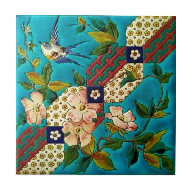 Azulejo De Cerâmica Dogwood Repro, Pássaro Longwy do Século XIX (Frente)