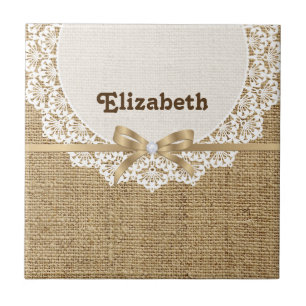 Azulejo De Cerâmica Doily branco com laço e serapilheira natural de